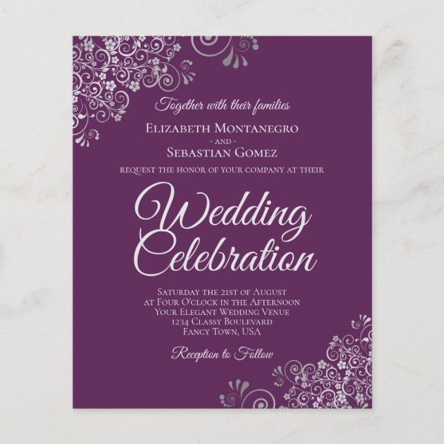 Plum Purple & Argent Faire-part de mariage BUDGET (Devant)