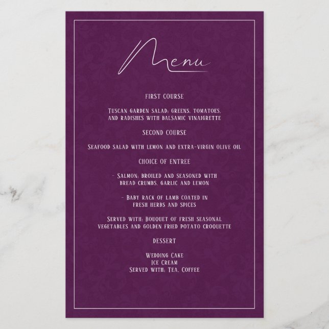 Plum Purple Damask Elegant Simple Mariage Menu (Devant)
