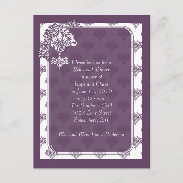 Plum Purple Damask Répétition Dîner Invitations (Devant)