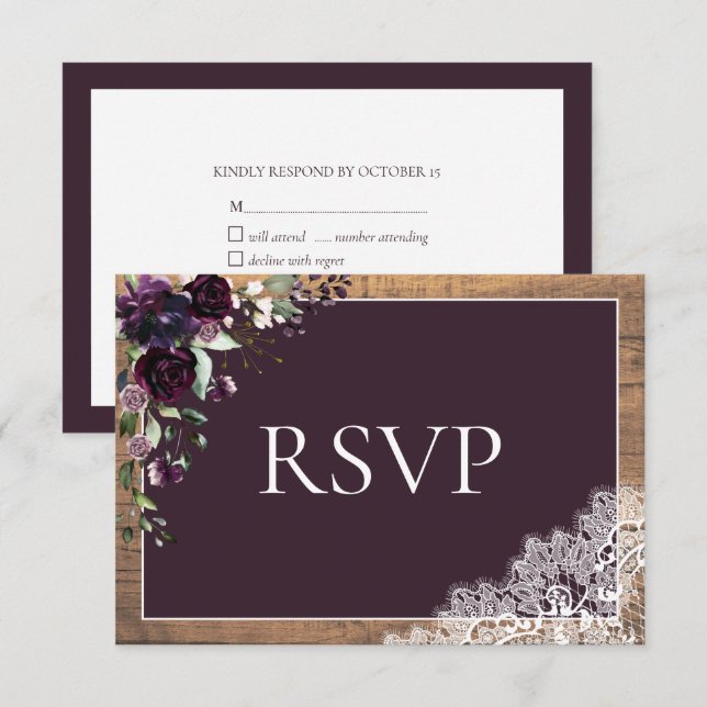 Plum Purple dentelle florale Mariage en bois RSVP (Devant / Derrière)