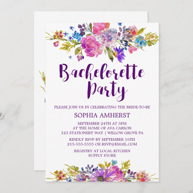 Plum Purple Garden Bachelorette Party Invitation (Devant / Derrière)