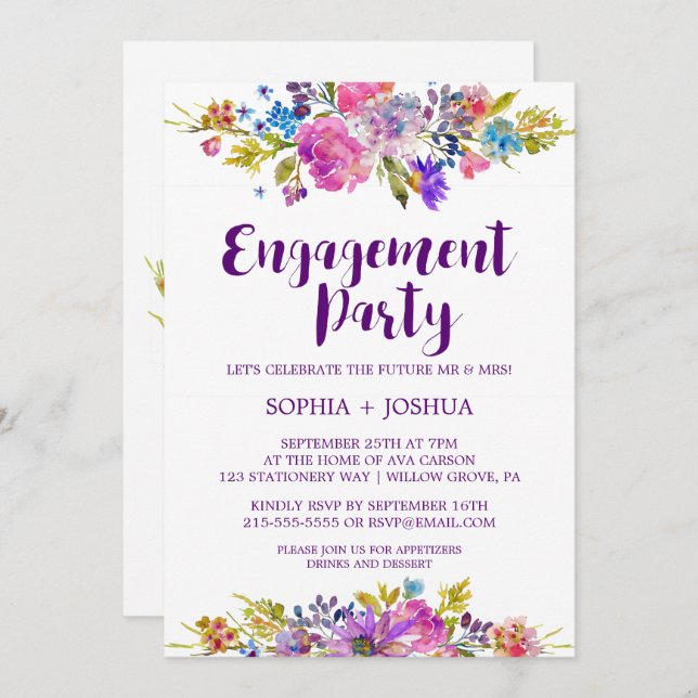 Plum Purple Garden Engagement Party Invitation (Devant / Derrière)