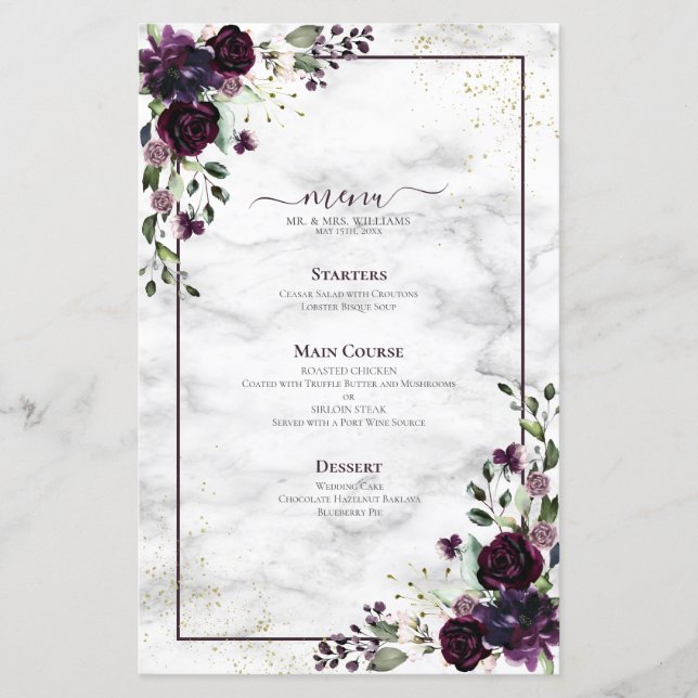Plum Purple or Floral Aquarelle Marbre Mariage (Devant)