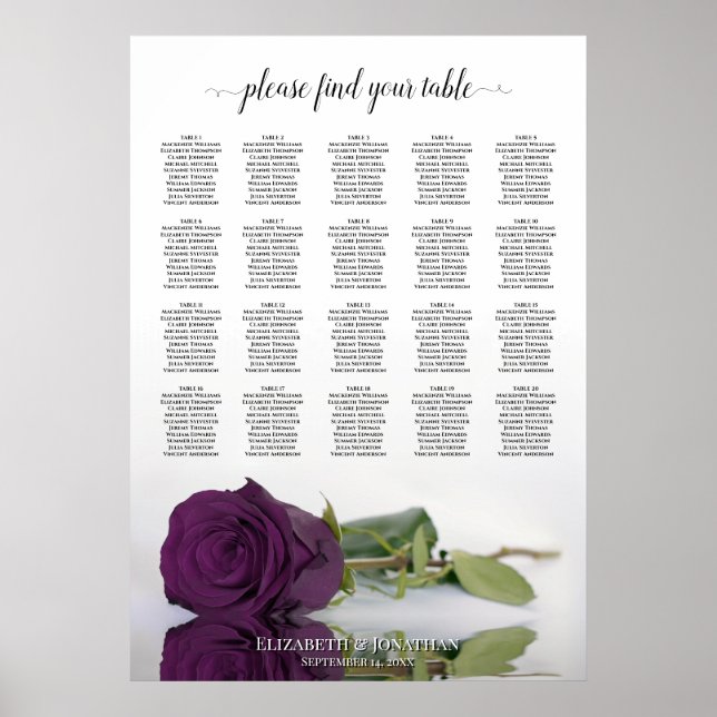 Plum Purple Rose 20 Tableau Mariage Plat (Devant)