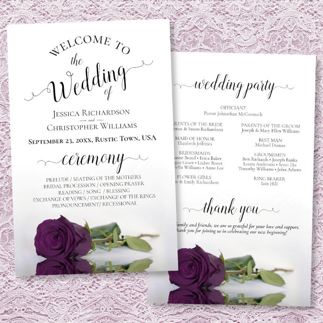 Plum Purple Rose Élégant programme de mariage BUDG (Front/Back)