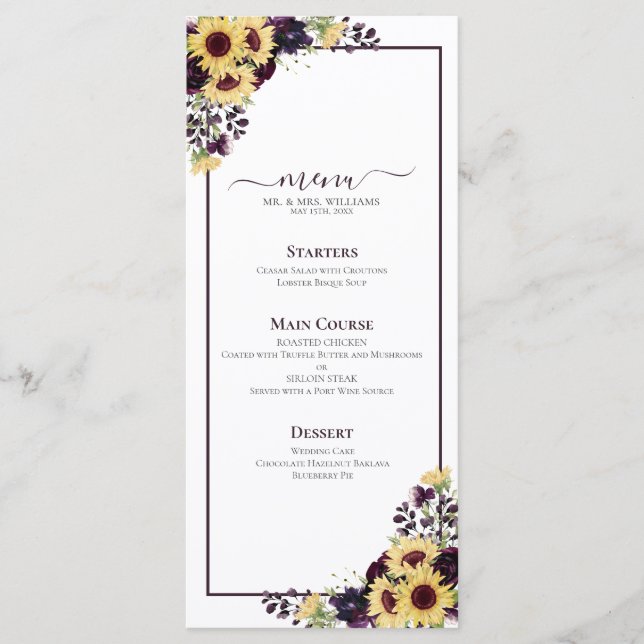 Plum Purple Tournesol Aquarelle Menu Mariage (Devant)