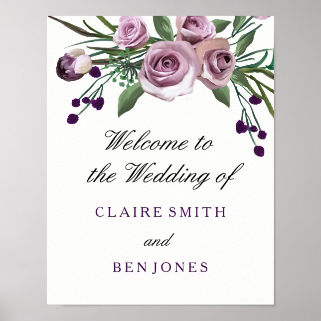 Plum romantique Violet Rose Floral Mariage Poster (Devant)