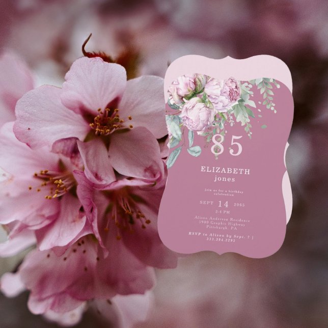 Plum rose Floral 85E Invitation de fête d'annivers (Créateur téléchargé)