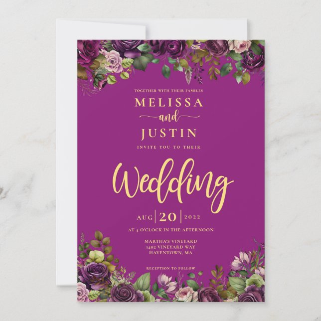 Plum Roses et vert Élégant mariage Invitation (Devant)
