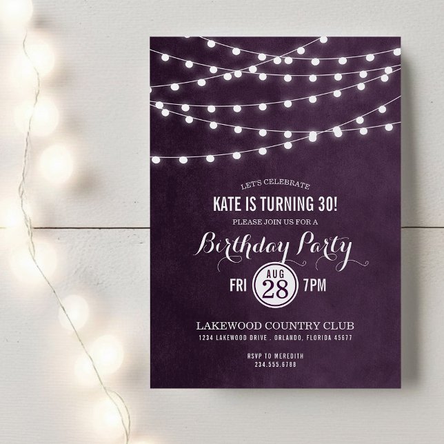 Plum String Lights Anniversaire Fête Invitation (Créateur téléchargé)