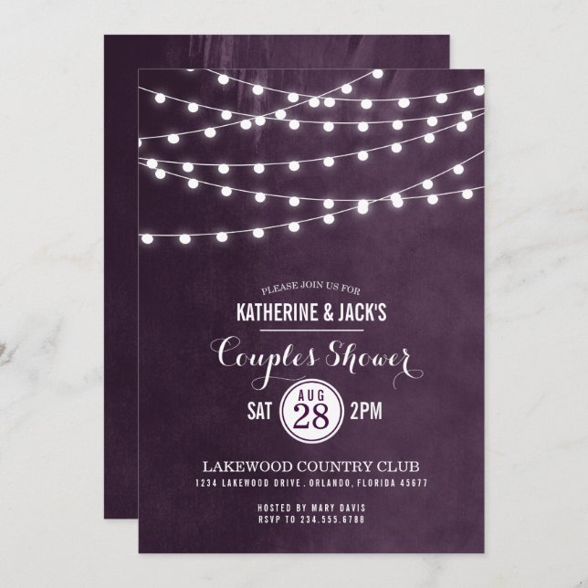Plum String Lights Couples Douche Invitation (Devant / Derrière)