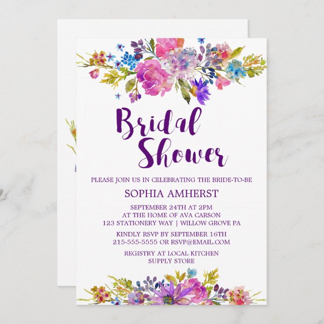 Plum violet Jardin nuptiale Douche Invitation Cart (Devant / Derrière)