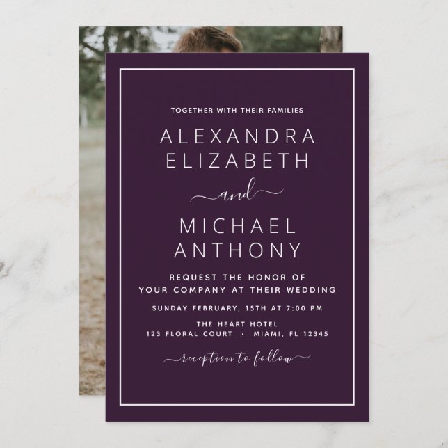Plum violet Mariage avec invitation photo (Devant / Derrière)
