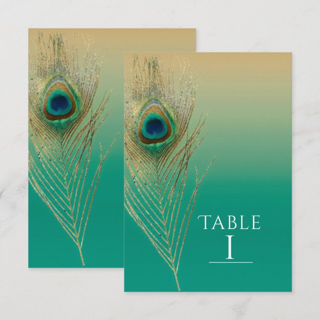 Plume de paon Sable et sarcelle numéro de table bo (Devant / Derrière)
