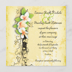 Plumeria blanche vintage invitation jaune lierre
