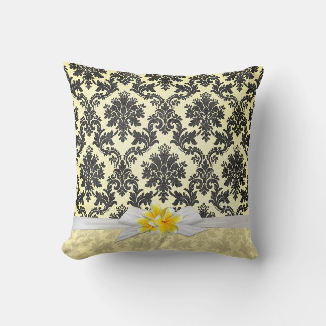 Plumeria jaune exotique Damask Coussin (Recto)