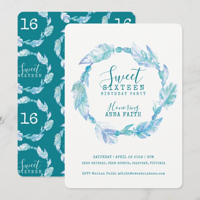 Plumes aqua sweet sixteen d'aquarelle invitations (Devant / Derrière)