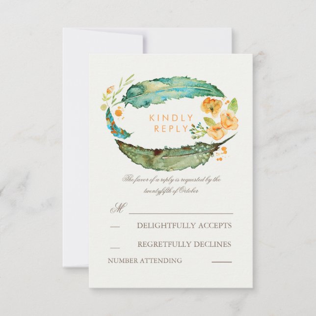 Plumes de Bohême Cartes RSVP de Mariage Turquoise (Devant)