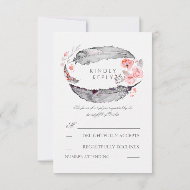 Plumes de Bohême Mariage romantique Cartes RSVP (Devant)