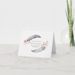 Plumes de Bohème roses et Merci gris de mariage