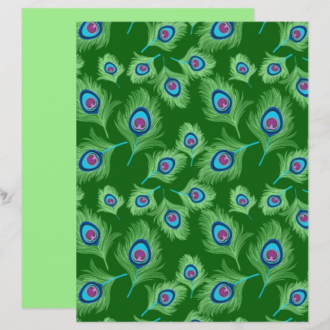 Plumes de chaux et de paon bleu sur vert émeraude (Devant / Derrière)