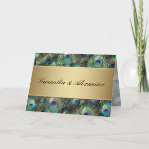 Plumes de paon doré Faire-part de mariage plié