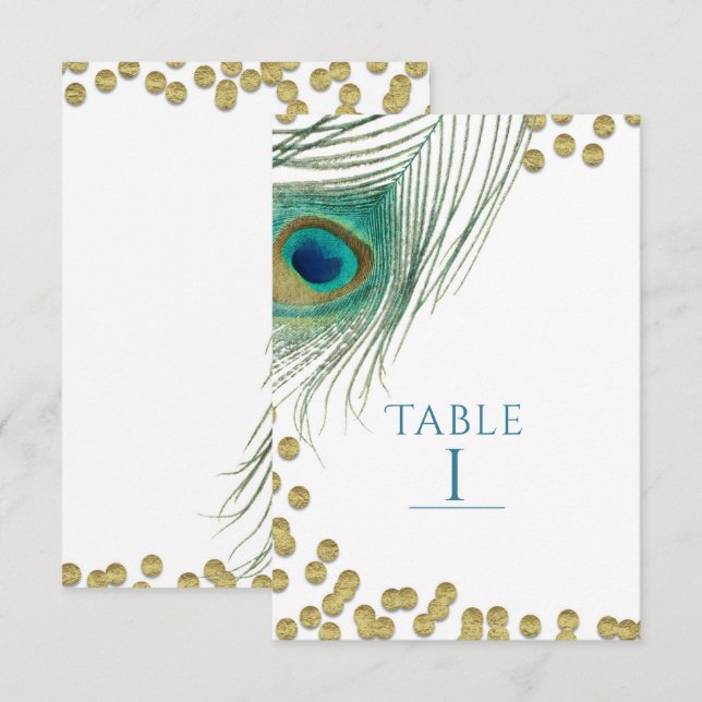 Plumes de paon et numéro de table Boho Glam or (Devant / Derrière)