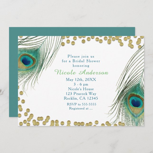 Plumes de paon et points d'or Boho Glam Invitation (Devant / Derrière)