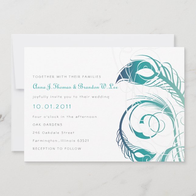Plumes de paon - Invitation Turquoise et marine (Devant)