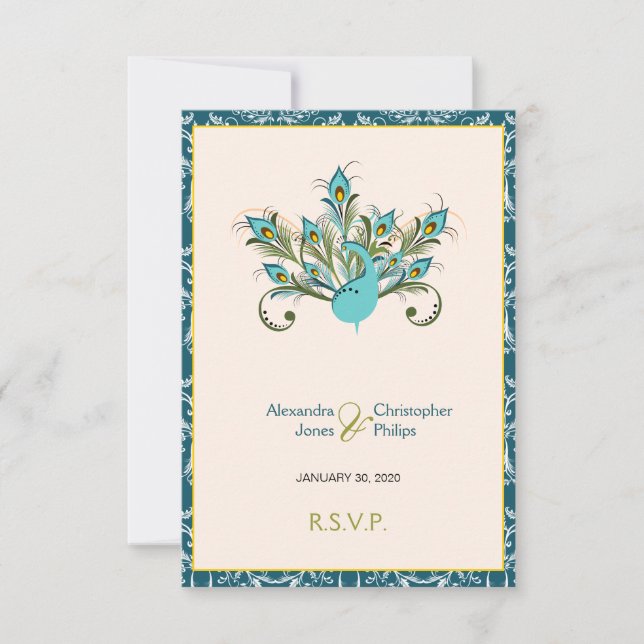 Plumes de paon Mariage damassé RSVP (Devant)