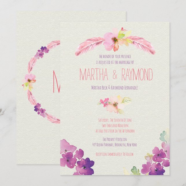 Plumes et fleurs, invitations de mariage (Devant / Derrière)