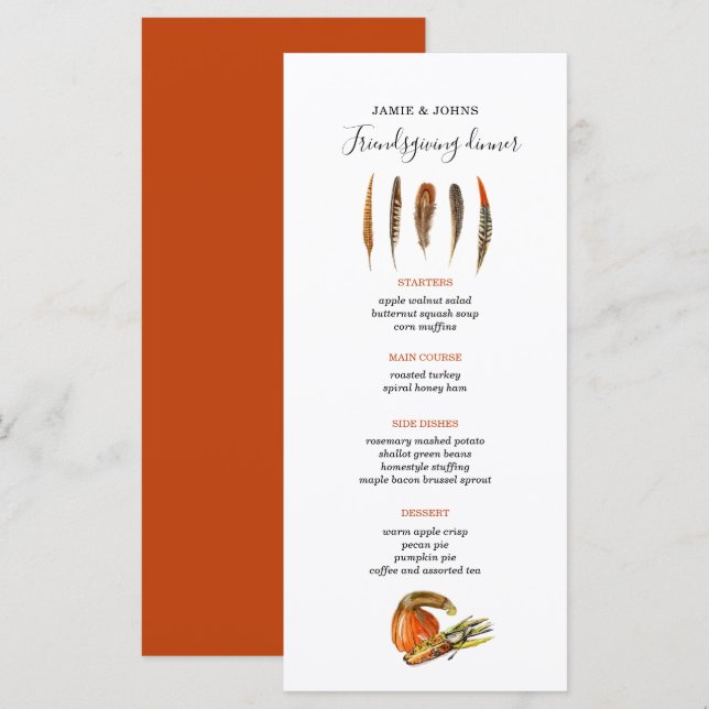 Plumes modernes Menu du dîner Thanksgiving (Devant / Derrière)