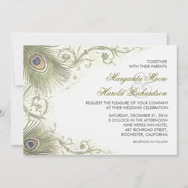 plumes paon invitations de mariage vintage (Devant)