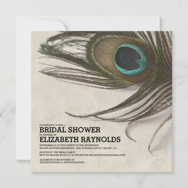 Plumes Peacock Antique Invitations de douche nupti (Devant)