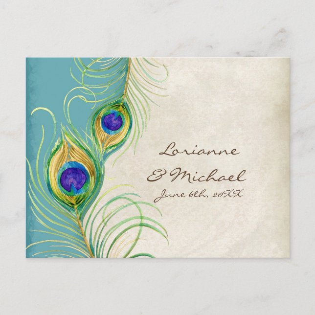 Plumes Peacock Aqua Damask Carte de réponse RSVP (Devant)