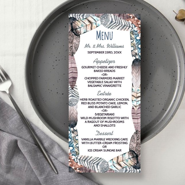 Plumes tribales modernes Menu Mariage bohème (Créateur téléchargé)
