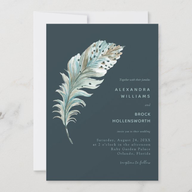 Plumes turquoise bleu Boho Faire-part de mariage m (Devant)