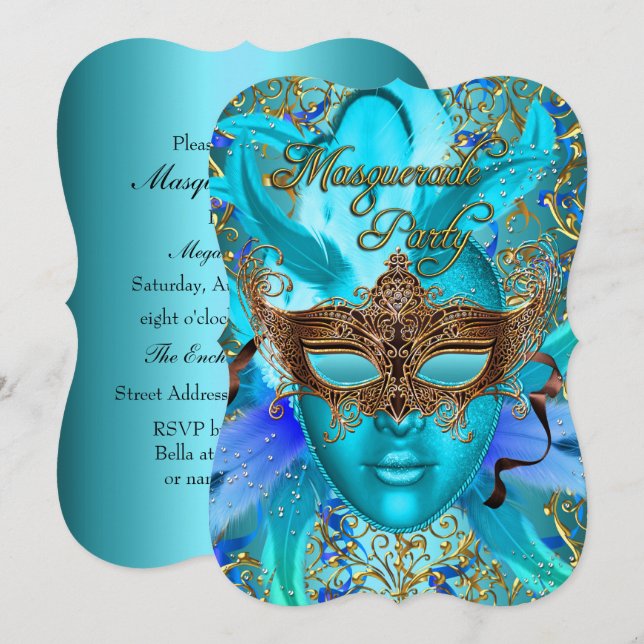 Plumes Turquoise & or Masque Masquerade Invitation (Devant / Derrière)
