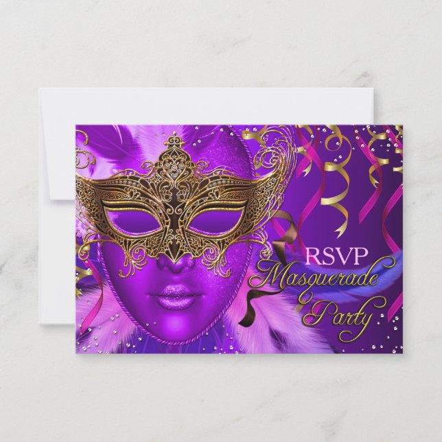 Plumes violet & masque or Masquerade Party RSVP (Devant)