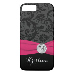Plus Monogramme noir, gris, rose Damask iPhone 7 Coque