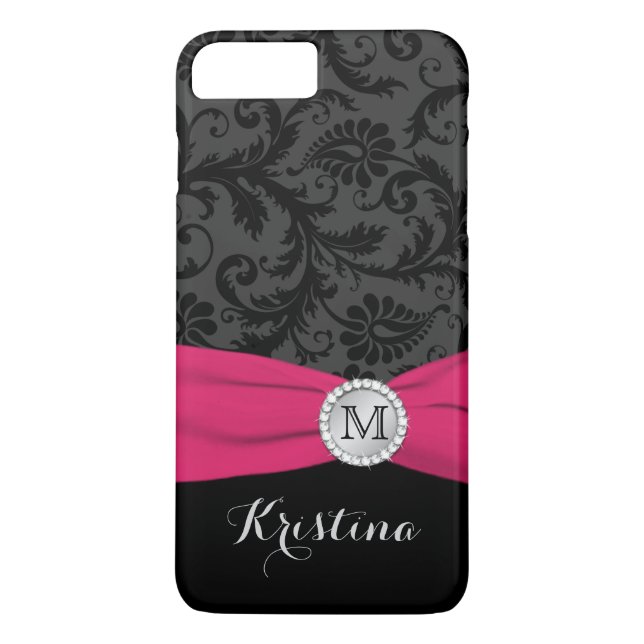 Plus Monogramme noir, gris, rose Damask iPhone 7 Coque (Dos)