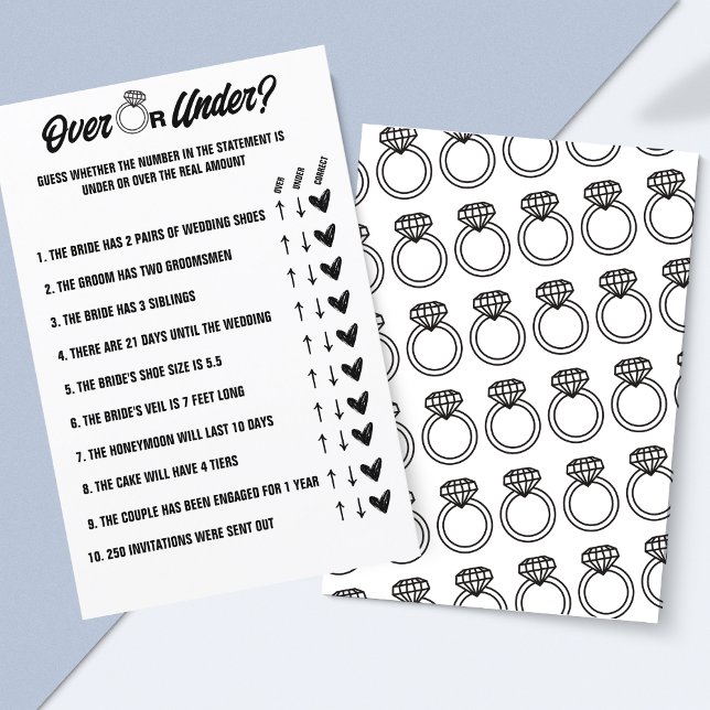 Plus ou moins Mariage Jeu, activité de Fête des ma (Fun Over or Under Wedding Game - Printable Bridal Shower Activity!)