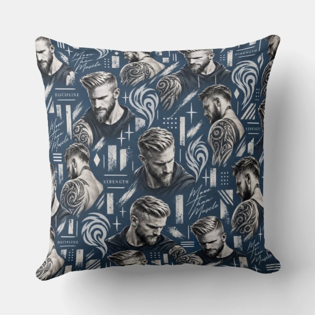 Plus que du muscle – Coussin de jet bleu illustré (Verso)