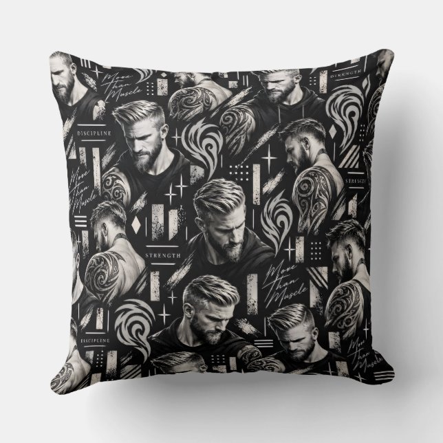 Plus que du muscle – Coussin de jet illustré noir (Verso)