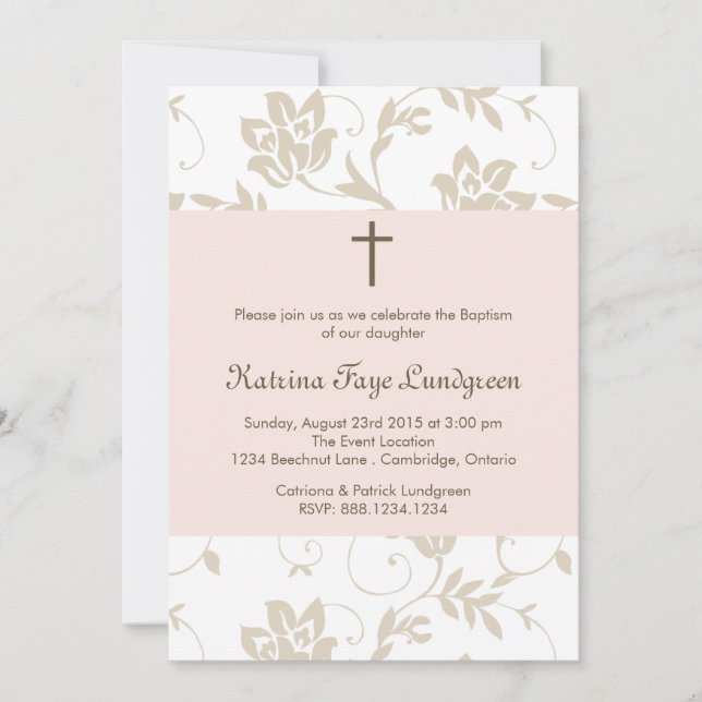 Plutôt Blush Floral Pattern Baptême Invitation (Devant)