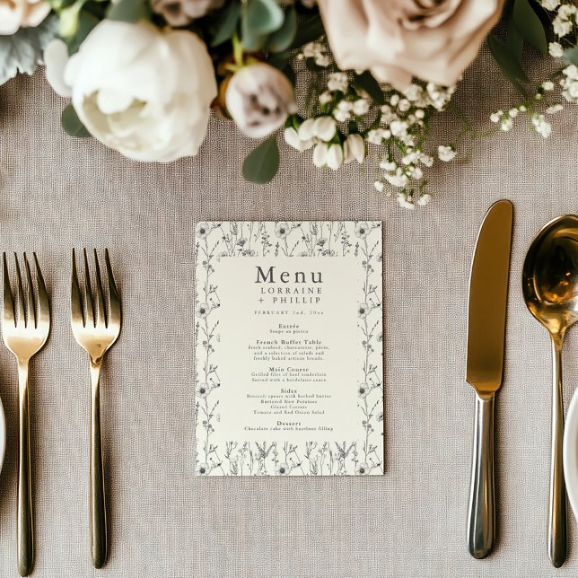 Plutôt délicat menu de mariage fleur sauvage (Wedding reception table menu with vintage style wild flowers frame)