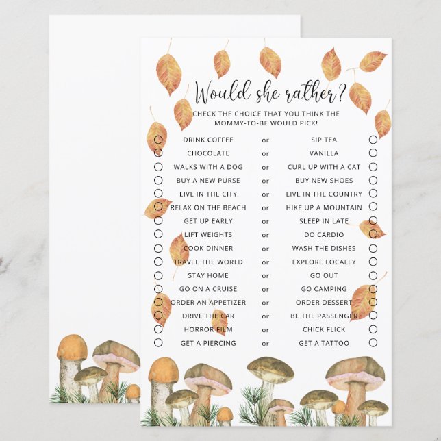 Plutôt Elle - Jeu de Baby Shower Champignons (Devant / Derrière)