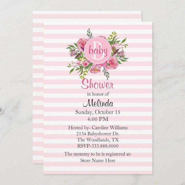 Plutôt rose Baby shower rayé Invitation (Devant / Derrière)