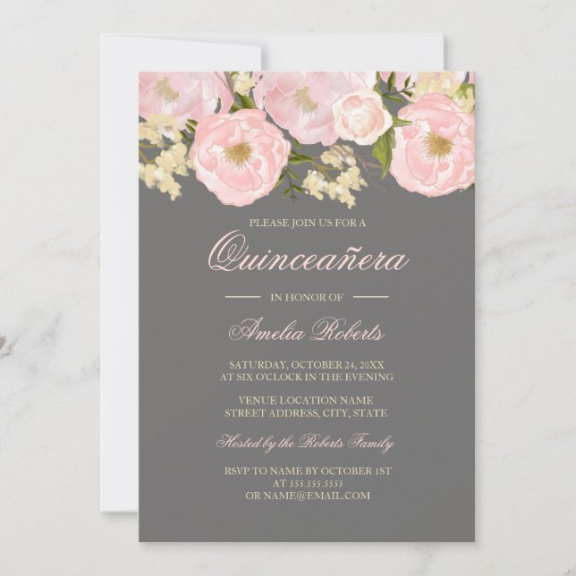 Plutôt rose Grey Floral Quinceanera Invitation (Devant)