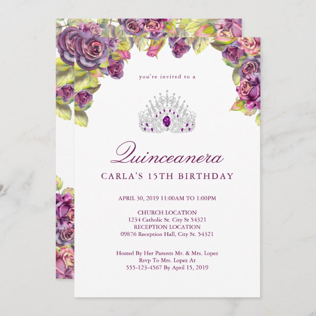 Plutôt violet, Rose Quinceanera Invitations (Devant / Derrière)